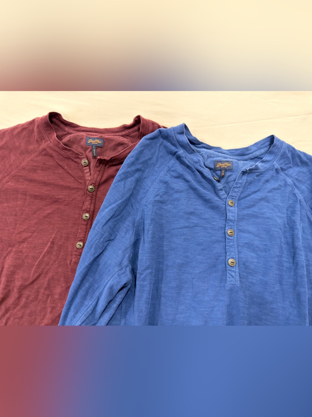 Good Man Brand 2 Henley Shirts Men's Large 100% Cotton Blue Plum Bundle Lot - Picture 2 of 8